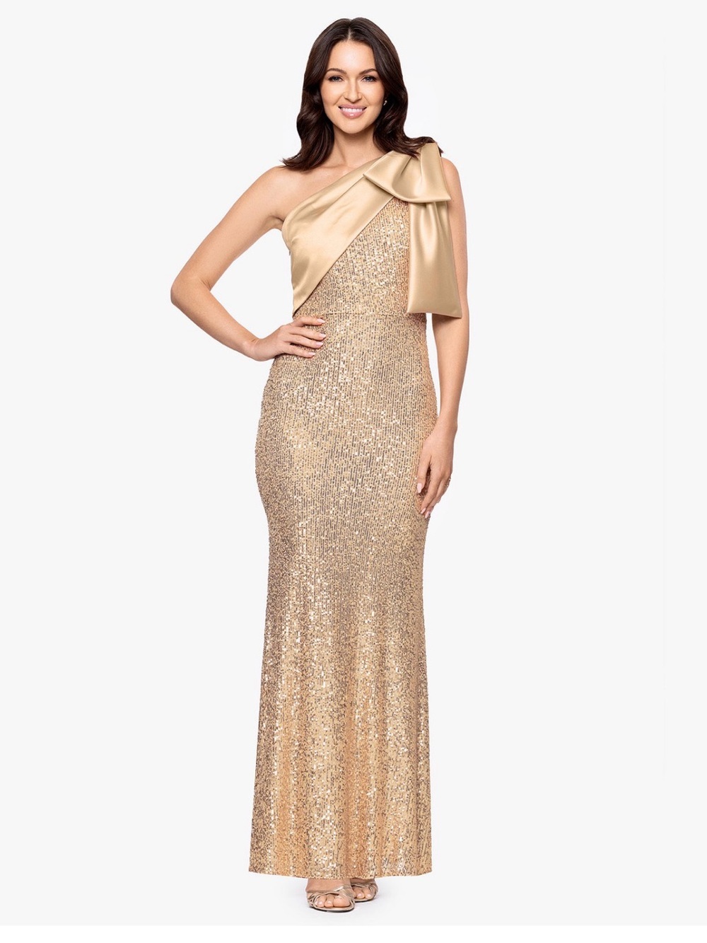 One-Shoulder Gold Sequin Evening Gown